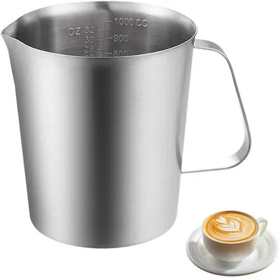 Produktbild von Messbecher 1000 ml - Milchkanne - Barista-Milchaufschäumkanne - Edelstahl - Mit Griff - Geeignet für Cappuccino/Latte