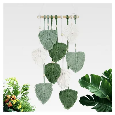 Produktbild von Makramee Set Wandbehang Boho Deko mit Holzperlen und grünen Blättern Handgemachter Wandteppich für Schlafzimmer, Wohnzimmer und Kinderzimmer