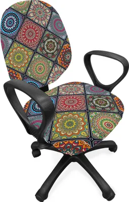 Produktbild von ABAKUHAUS Mandala Bürostuhl Schonbezug, Kreise in Rectangles, dekorative Schutzhülle aus Stretchgewebe, Mehrfarbig