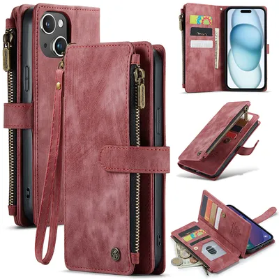 Obrázek produktu pro Kůže pouzdro pro iPhone 15,PolyuretanKožené Pouzdro na Zip, Magnetické Uzavírání, Kapsa na Karty, Stojánek, Peněženka pouzdro červené