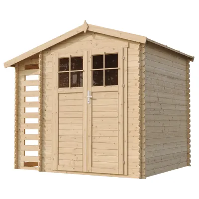Produktbild von Gartenhaus mit Brennholzregal aus Holz 4,47 m2 - MIT IMPRÄGNIERTEM BODEN, abschließbare Tür – B206xL272xH218 cm - TIMBELA M386F+M386G