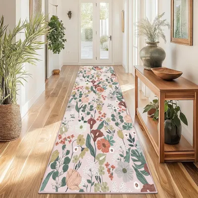 Obrázok produktu pre Prateľný koberec 80 x 300 cm - Protišmykový a botanický vzor