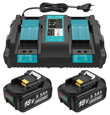 18V Ladegerät + 2 Akkus 5,5 Ah, kompatibel mit Makita