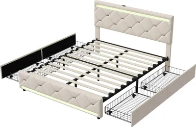 Image de Lit rembourré avec rangement - Lit double 140 x 190 cm - Revêtement en velours - 4 tiroirs - Tête de lit à LED - Port de recharge USB