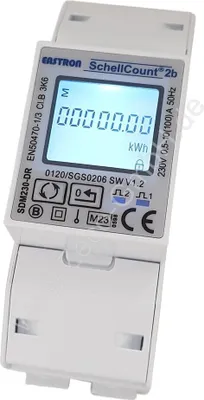 A white electrical meter with a digital display, mounted on a DIN rail.