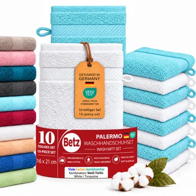 Produktbild von Betz 10 Stück Waschhandschuhe 16x21 cm PALERMO 100% Baumwolle Farbe: weiss / türkis