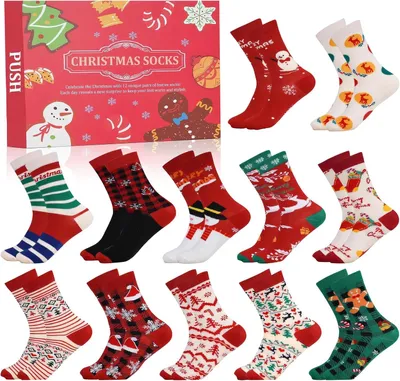 Productafbeelding van Adventsokken - 12 paar - 24 dagen aftellen - grappige kerstsokken - sokken cadeauverpakking - adventskalender - model B