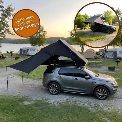 Produktbild von Aluminium Hardcase Autodachzelt Grün 2-3 Personen mit Dachquerstreben Memory Foam Matratze und LED Luxus Modell mit Sonnensegel