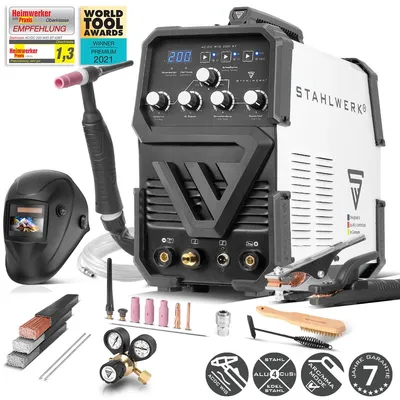 Produktbild von STAHLWERK Schutzgasschweißgerät 2-in-1 Kombi AC/DC WIG 200 ST – Vollausstattung – WIG & MMA (E-Hand) bis 200A, 2T & 4T-Modus, AC WIG-Schweißen für Alu