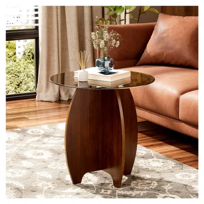 Produktbild von Runder Couchtisch aus Glas – Minimalistischer Wohnzimmertisch mit gehärteter Glasplatte, kleiner Glastisch, moderner Beistelltisch, Salontisch aus Massivholz für Wohnzimmer, Büro, Zuhause Ø 50 cm * 50 cm H