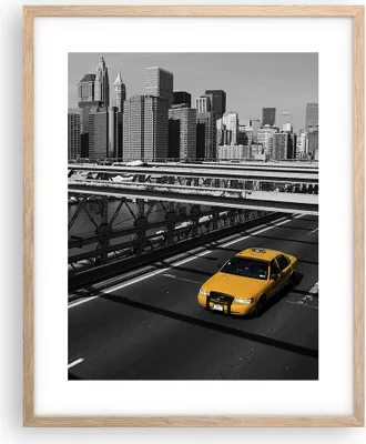 Produktbild von Gerahmtes Poster - Rahmen in heller Eiche - New York Manhattan Brooklyn Brücke Taxi - 40x50 cm - Wand Bild - Wanddeko - Wandbilder - Wandposter - Bilderrahmen - Bilder - Kunstdruck - P2NPA40x50-0417