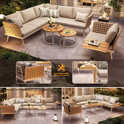 Zdjęcie produktu dla 6-częściowy zestaw wypoczynkowy do ogrodu, sofa ogrodowa w kształcie litery L z ręcznie plecionymi podłokietnikami, odporny na warunki atmosferyczne zestaw narożny z stolikami kawowymi i fotelem, w kolorze beżowym