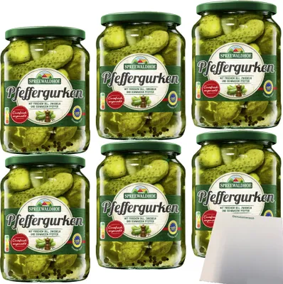 Produktbild von Spreewaldhof Pfeffergurken mit frischem Dill Zwiebeln und schwarzem Pfeffer 6er Pack (6x670g Glas) + usy Block