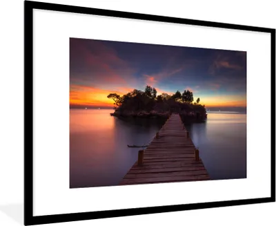 Produktbild von MuchoWow® Gerahmtes Poster Sonnenuntergang - Brücke - Bäume - Wasser - Insel 90x60 cm - Poster mit Schwarzem Bilderrahmen Wandposter Rahmen Foto Bilder - Wanddekoration - Fotos