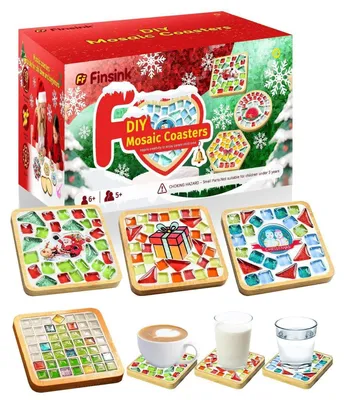 Obrázek produktu pro Sada pro výrobu mozaiky, 4 kusy, vánoční motiv, dřevěné podtácky, DIY, skleněné kamínky