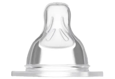A close-up studio shot of a clear baby bottle nipple.