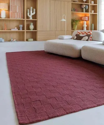 Image de Tapis Unyqoos® Wollteppich Tavle – tapis tissé à la main, à poils courts, avec un motif à carreaux, de couleur bordeaux, dimensions 300 x 400 cm