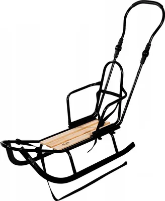 A black metal sled with wooden slats, designed for children, featuring a backrest and a push handle.