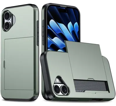 Produktbild von Mobigear Card iPhone 16 Hülle, Hartschalenhülle, Rückseite, stoßfest mit Kartenhalter - Grün
