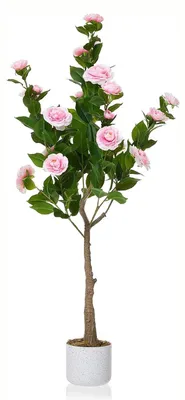 Immagine prodotto di Albero di camelie artificiale - Bonsai - 120 cm - Fiori rosa - Seta artificiale - Vaso bianco - Decorazione per interni