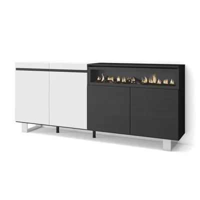 Image de COZY Buffet salon et cuisine, 200x35x87cm, 4 Portes, Cheminée électrique, Blanc et noir