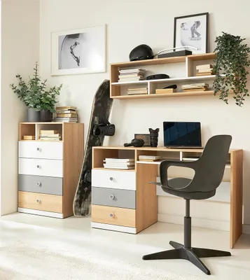 Produktbild von Jugendzimmer Schreibtisch Set in Eiche mit weiß und grau PINETO-133, 3-teilig
