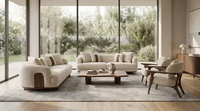 Immagine prodotto di Divano componibile 3+3+1+1 posti, colore beige, tessuto, struttura in legno, design moderno e contemporaneo, confortevole, Immagine generata dall'IA