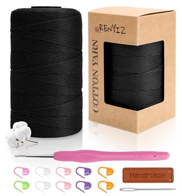 Immagine prodotto di Filo per uncinetto, filo per macramè, 2,5 mm, 250 g, 210 metri, cotone, ago per uncinetto da 3 mm, colore nero