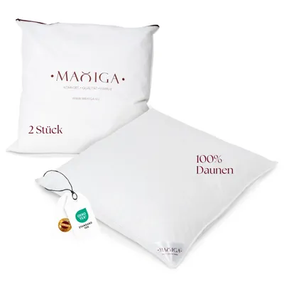 Produktbild von Maxiga Daunenkissen 80x80 cm (2 Stück) | 100 % DAUNE | Füllgewicht 2000g | Für Allergiker geeignet | -Zertifikat Klasse 1 | Atmungsaktiver