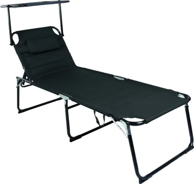 A black foldable lounge chair with a canopy, shown against a white background.
