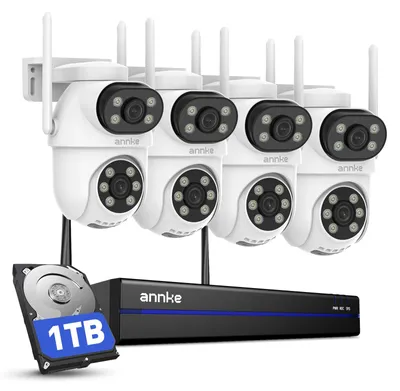 Zdjęcie produktu dla Zestaw kamer monitoringu 4MP - 4 sztuki, kamery WiFi PTZ z podwójną soczewką - 1 TB pamięci - do użytku zewnętrznego