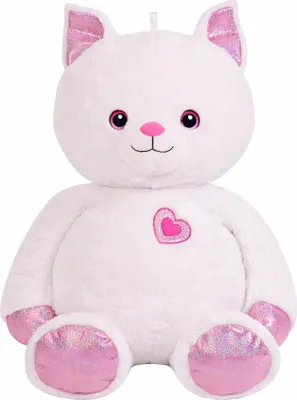Produktbild von XXL Plüschkatze 72 cm Groß – Weiße Weiche Kuschelkatze mit Rosa Details und Herz – Große Stoffkatze als Geschenk für Kinder und Erwachsene