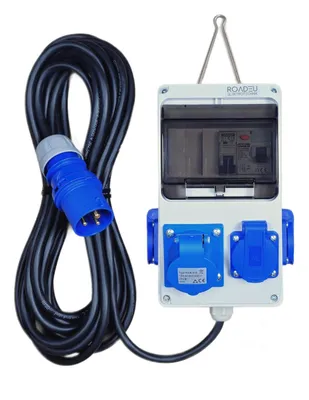 Produktbild von RoadEu - Tragbarer 230V Einphasen-Stromverteiler mit 3x Schuko-Steckdosen, 1x 16A 3P CEE-Steckdose, 15 m Gummikabel, 16A 3P Stecker