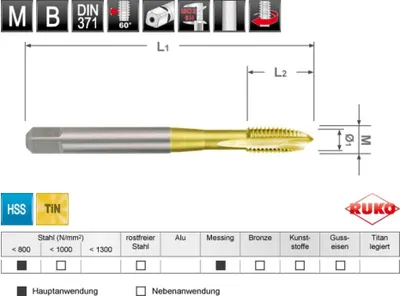 Produktbild von RUKO Maschinengewindebohrer M DIN 371 HSS-TiN, Form B, M 6