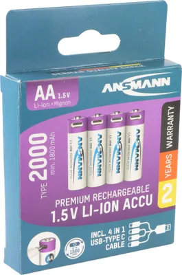 Zdjęcie produktu dla Akumulatory litowo-jonowe Ansmann Mignon AA 1,5 V, min. 1800 mAh, typ. 2000 mAh, w zestawie z kablem ładującym USB-C 4 w 1, 4 blistry papierowe