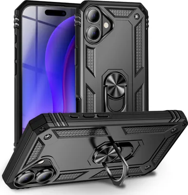 Produktbild von Hülle mit Ring "RingDefend" für Apple iPhone 17 - Extrem Robust, Fallschutz, Finger-Halter & Ständer, Military Style - Vulkanschwarz