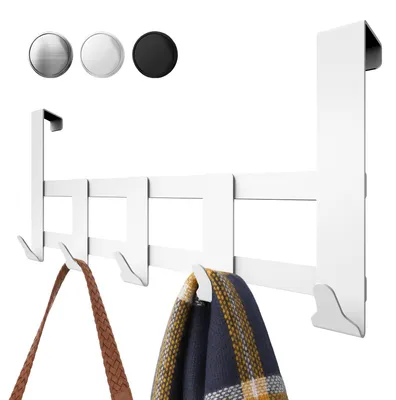 Produktbild von Aurelia Home Premium Türgarderobe zum Aufhängen aus Edelstahl, Weiß – Formbeständige Kleiderhaken für die Tür, universelle Türhakenleiste mit 5 Haken