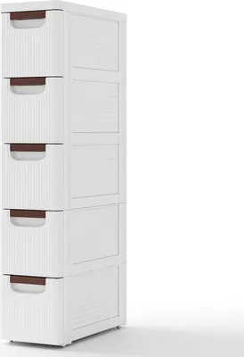 A white plastic narrow storage cabinet with five drawers and brown handles, shown against a white background.