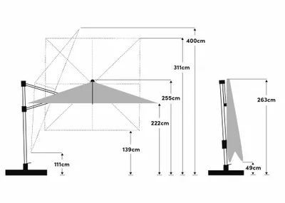 Technical drawing with dimensions of a cantilever umbrella.