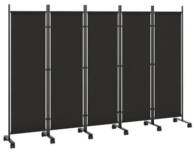 Produktbild von Raumteiler - Faltbarer Paravent 5-teilig - 252x170 cm - Metallrahmen mit 12 Rollen - Verbindungsclips - Für Wohnzimmer oder Büro - Schwarz