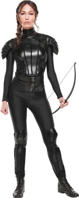A woman wearing a black costume with armor and holding a bow and arrow.