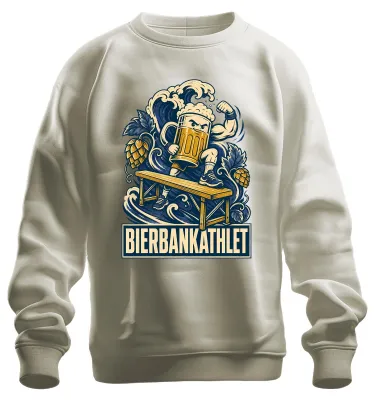 Zdjęcie produktu dla Bluza z motywem "Bierbankathlet" (atleta podnoszący kufle piwa), idealna na wieczór panieński, z motywem kufli piwa, bawarna, skórzane spodnie, napis "JGA" (wieczór panieński), dostępna w kolorze naturalnym, rozmiar 3XL