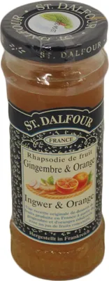 A jar of St. Dalfour fruit spread with ginger and orange.
