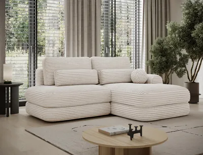 Zdjęcie produktu dla Sofa narożne RIPELI, kształt L, z funkcją spania i pojemnikiem na pościel – nowoczesna sofa 3-osobowa, sprężyny faliste, wymiary 217 × 175 cm – Modullo 01, biały, pufa po prawej stronie