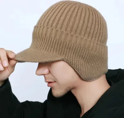 Produktbild von Herren Winter Strickmütze mit Schirm und Ohrenschützern, Winddichte warme Mütze mit Ohrenklappen, Baseballmütze für Outdoor-Radfahren, Gestrickte Zeitungsjungenmütze mit Visier, Khaki, Einheitsgröße