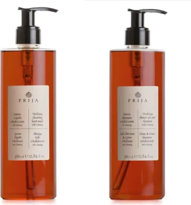 Produktbild von Prija Set 2 x 380 ml - 1 x Haut & Haar Shampoo Vitalisierend - 1 x Flüssigseife Für Geschmeidige Haut mit Ginseng - 100% Vegan dermatologisch getestet