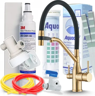 Produktbild von 3-Wege Küchenarmatur Set Magneto mit Wasserfiltersystem, ausziehbare Brause, 360° schwenkbar, Gold