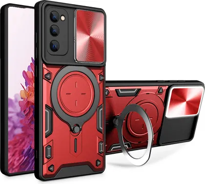 Produktbild von Handyhülle für Samsung Galaxy S20 FE 5G/4G Dual-Layer Stoßfest Rüstung Hülle mit Dia Kameraschutz und Kreisförmig Ring Ständer Rot