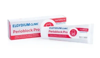 A box and tube of Elgydium Perioblock Pro toothpaste are shown against a white background.