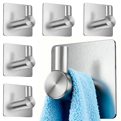 Image de Support pour serviettes sans perçage, lot de 6 crochets adhésifs pour serviettes, crochets adhésifs en acier inoxydable sans perçage, crochets adhésifs ultra-résistants pour salle de bains, crochets adhésifs résistants à l'eau pour la salle de bains et la cuisine